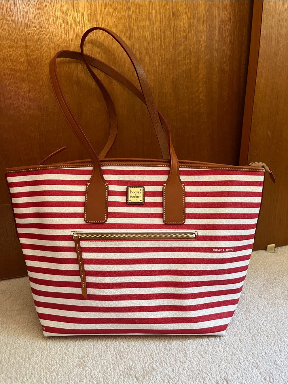 Dooney & Bourke Red and White Striped Tote with Brown Leather Trim